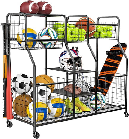 Garage Sports Equipment Organizer with Wheels - Ball Storage Rack with Elastic Rope or Wire Mesh,Garage Organizer System,Indoor/Outdoor Sports Rack for Sports Gear and Toys Storage,Black