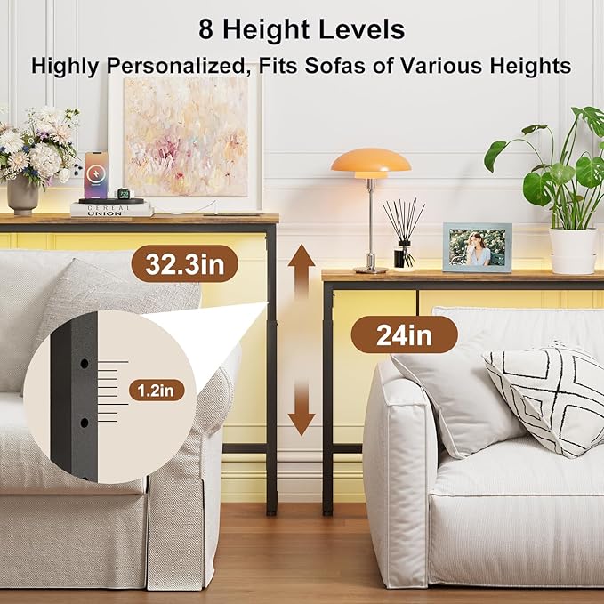 YGEOMER 79in Behind Couch Table Adjustable Height Sofa Table with Charge Station Narrow Console Table with LED Lights, Rustic Brown