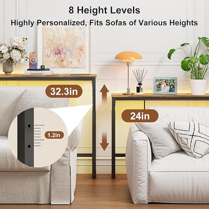 YGEOMER 79in Behind Couch Table Adjustable Height Sofa Table with Charge Station Narrow Console Table with LED Lights, Rustic Brown