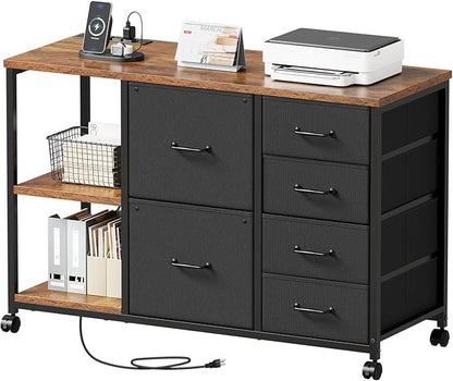 6 Drawer File Cabinet with Charging Station Rolling Printer Stand with Open Storage Shelf Fabric Lateral Filing Cabinet for Home Office,Rustic Brown