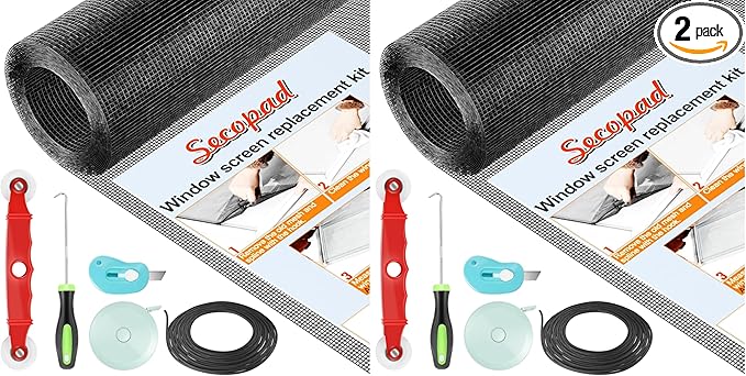 Window Screen Door Repair Kit, 48" x 177" Screen Door Mesh Replacement Kit, Durable Fiberglass Mesh Roll with Tools for Windows Doors Patio and Porch Replacement, Black (Pack of 2)