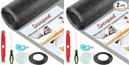 Window Screen Door Repair Kit, 48" x 177" Screen Door Mesh Replacement Kit, Durable Fiberglass Mesh Roll with Tools for Windows Doors Patio and Porch Replacement, Black (Pack of 2)