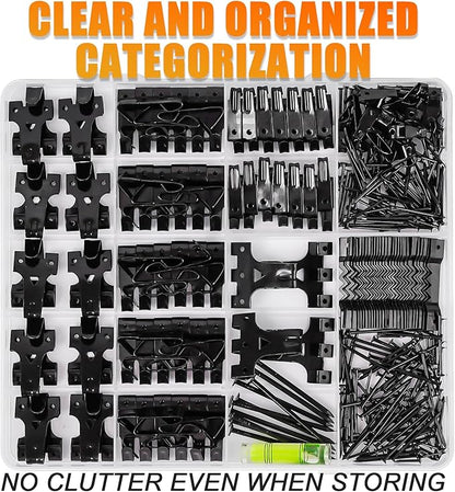 KURUI Picture Hangers, 385Pcs Picture Hanging Kit with Heavy Duty Picture Hanging Hooks, Sawtooth, Hardware Nails and Picture Hanging Tool, Wall Hangers for Frame, Painting, Art, Photo (Black)
