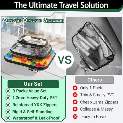 Hard Sided Clear Zipper Case for Storage- Professional-Grade Plastic Clear Zipper Pencil Case,Toy Storage Bins, Toiletry Pouch, Travel Organizer, Cosmetic Bag（Black,3 Pack, LMS）