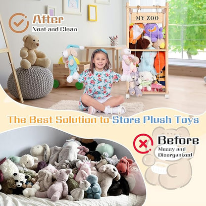 Stuffed Animal Storage Zoo with Wheels, Wooden Stuffed Animal Organizer with Elastic Cords, Space Saving Toy Plushies Storage Holder for Playroom, Bedroom, Living Room(Burlywood, Small)