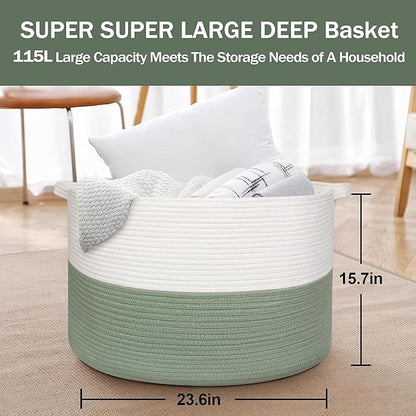 115L Extra Large Blanket Basket, Kids Dog Toy Storage Bin Box, Nursery Baby Toddler Toy Organizer, Soft Cotton Rope Woven Bin, XXXL Jumbo Basket for Blankets for Living Room, 23.6"x15.7"