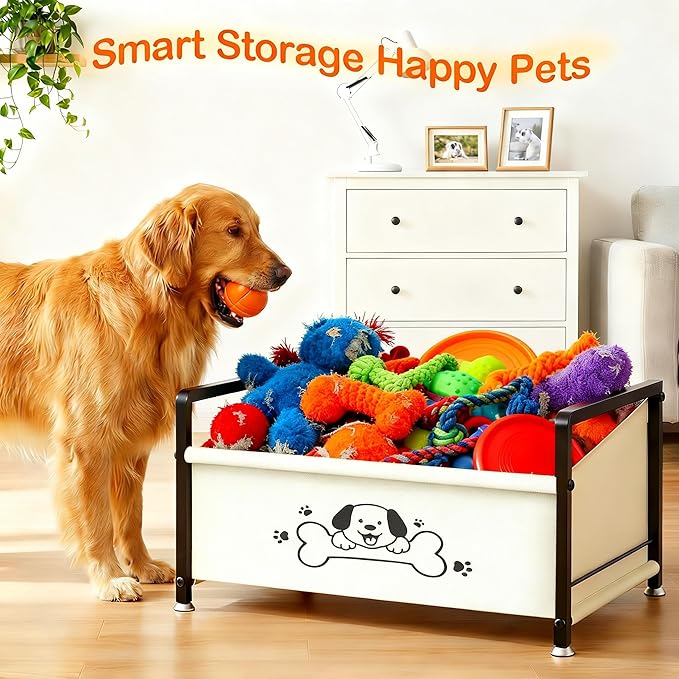 Dog Toy Basket for Storage, Metal Frame Oxford Fabric Pet Toy Organizer with Raised Legs, Large Capacity Dog Toy Bin with Front Low Opening, Washable and Durable Design