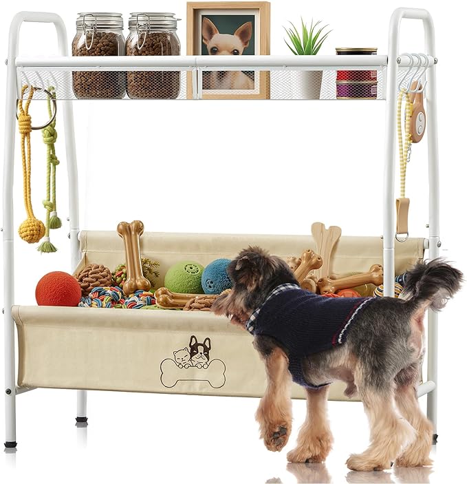 Zonon Large 2 Tier Dog Toy Organizer Basket Metal Pet Storage Bin with Collar Leash Holder Hook,Trapezoid Pet Toy Box for Food, Snacks & Accessories, Holder Chest for Dog & Cat Essential Supplies