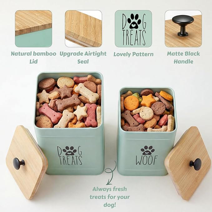 PERFNIQUE Dog Treat Container, Airtight Dog Treat Jar Set of 2, Dog Cookie Jar for kitchen Counter, Pet Treat Container, Dog Treat Canister and Storage, 7.8x6.2 & 7.3x5.5 (Sage Green)