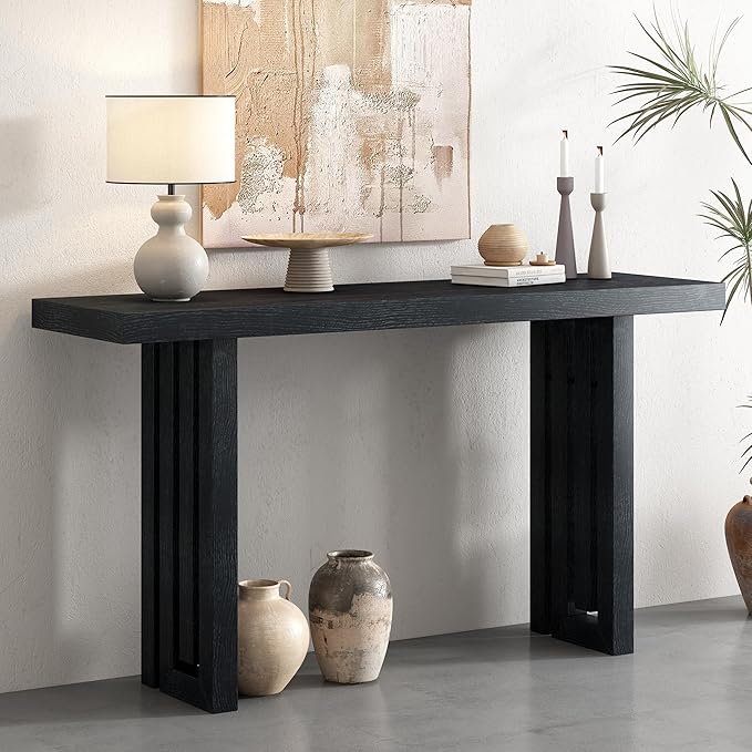 Uniquely Designed Oak Veneer Console Table, Modern Long Sofa Side Table with Distinctive Side Shapes, Suitable for Entryway, Hallway, Living Room, Foyer, Corridor,Easy Assembly (Black-41RT)