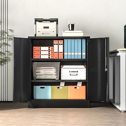 Metal Storage Cabinet, 36" H Locking Storage Cabinet with 2 Adjustable Shelves, Metal Cabinets for Garage, Home, Office, Utility Room-Black