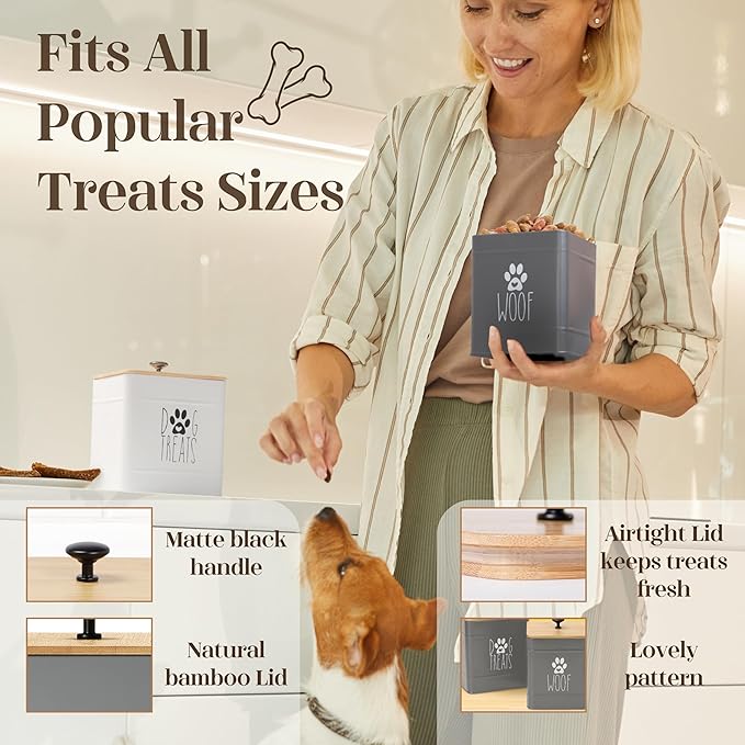 PERFNIQUE Dog Treat Container, Airtight Dog Treat Jar Set of 2, Dog Cookie Jar for kitchen Counter, Pet Treat Container, Dog Treat Canister and Storage, 7.8x6.2 & 7.3x5.5(Grey)