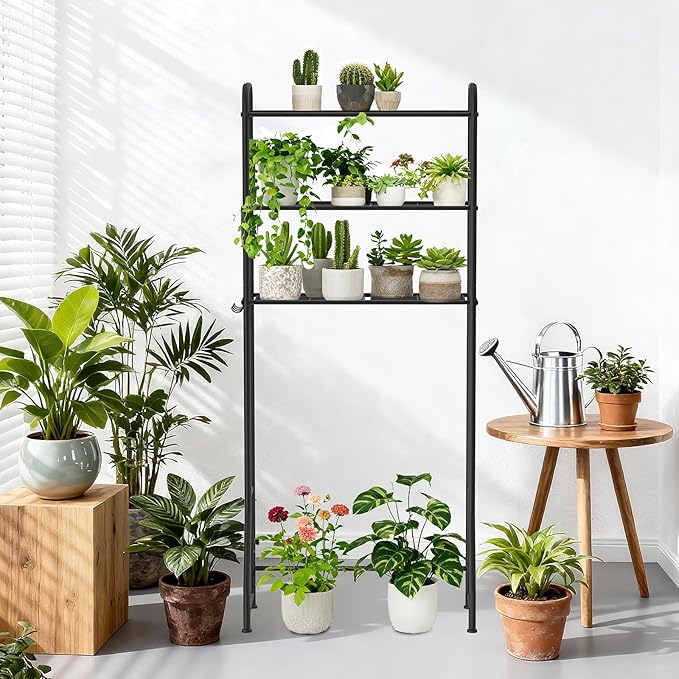 3 Tier Over The Toilet Storage Rack, Bathroom Organizer Shelf Over Toilet with 4 Hook, Space Save Freestanding Metal Bathroom Shelves