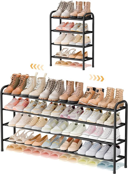 ENJOYBASICS Expandable Shoe Rack, 46.5'' Wide - 24 Pairs Adjustable Shoe Organizer Shelf for Closet, 4-Tier Black Metal Free Standing Shoe Rack Storage for Garage, Entryway