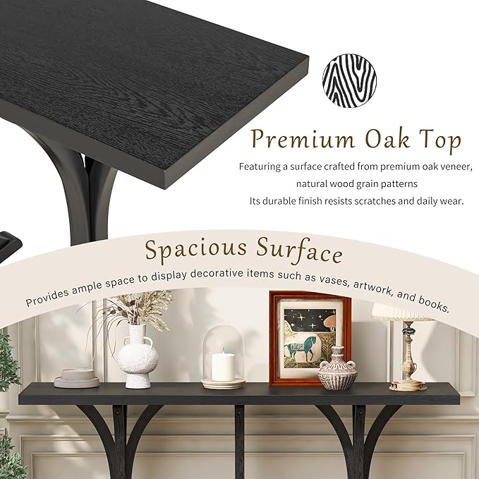 59.8" Wooden Console Table with Oak Veneer Top,Farmhouse Entryway Table with Rubber Wood Slender Curved Legs,Perfect for Living Room,Entryway,Hallway,Black