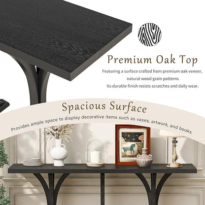 59.8" Wooden Console Table with Oak Veneer Top,Farmhouse Entryway Table with Rubber Wood Slender Curved Legs,Perfect for Living Room,Entryway,Hallway,Black