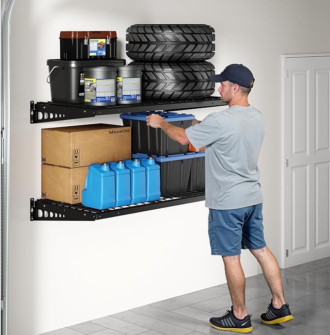 FLEXIMOUNTS 2 Pack 2x4ft Garage Storage 24x48 inch Heavy Duty Bike Wall Shelving Rack, 660lbs Total Weight Capacity, Black, Pro Series