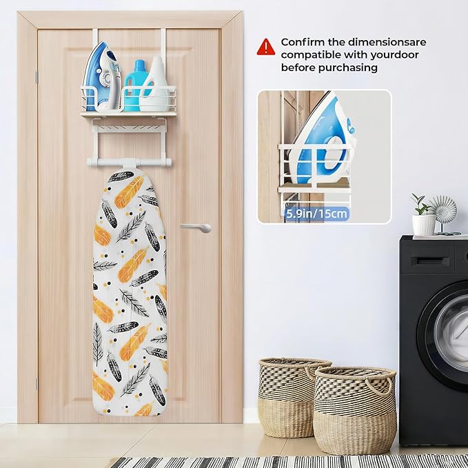 TJ.MOREE Over The Door/Wall Mount Ironing Board Hanger, Laundry Room Iron and Ironing Board Caddy Storage for Water Mister, Fabric Sprays, Laundry Detergent, White