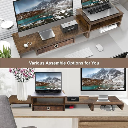 Monitor Riser for 3 Monitors, Dual Monitor Stand for Desk, Triple Monitor Stand with Drawer, Dual Monitor Stand with Storage, Extra Long Triple Monitor Riser up to 52", Angle Adjustable