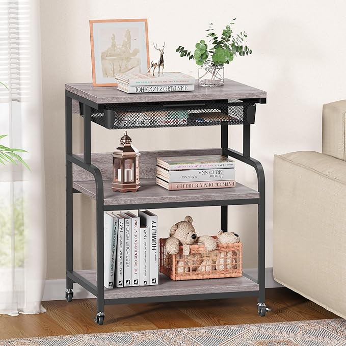 EasyCom 23.6''x18.9'' Extra Large Printer Stand with Drawer, 5-Adjustable Heights 3 Tier Table with Wheels, Rolling Printer Cart with Storage for Printer Scanner Fax Home Office Use