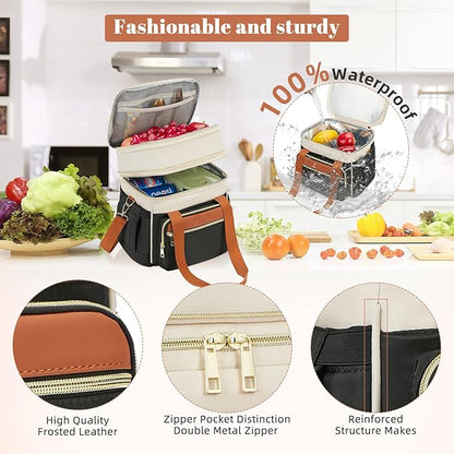 Insulated Lunch Bag & Lunch Box for Women - Double Deck Reusable Lunch Bag for men Tote Cooler Bag Leakproof Soft Expandable - Large Lunchbox for Work/Adult/Picnic/Outdoor (Coffee Black，15L)