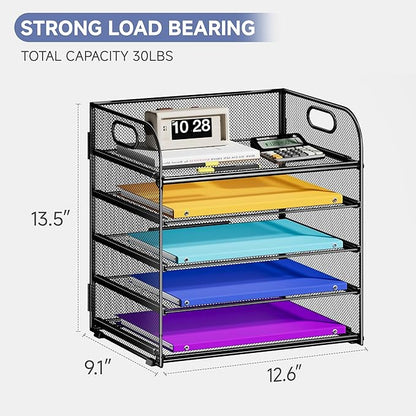5 Tier Paper Organizer with Handle, Black Metal Mesh Desk Organizer File Folder Paper Letter Tray Desktop Document Sorter for Classroom, School, Office Accessories Organization and Storage