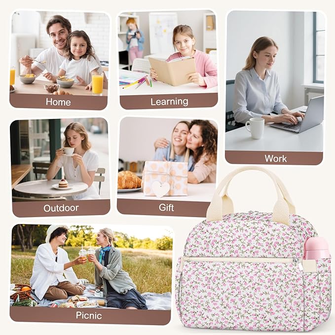 Lunch Box for Women, Cute Flower Corduroy Insulated Lunch Bag Women Reusable Work Leakproof Simple Adults Large Lunch Boxes Tote Bag Men Cooler Bag