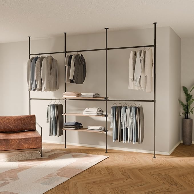 pamo Industrial Pipe Clothing Rack with Shelf - 550 lbs Capacity - Clamping Clothes Rack and Walk In Closet with Oak Shelf for Wardrobe