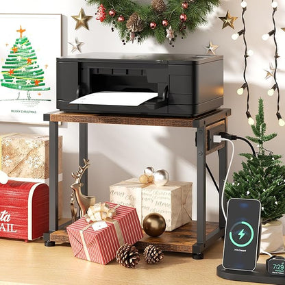 2-Tier Printer Table with Charging Station for Home Office Organization - Small Stand with Wheels for Scanner, Under or Beside Desk Storage Cart - Rustic Brown
