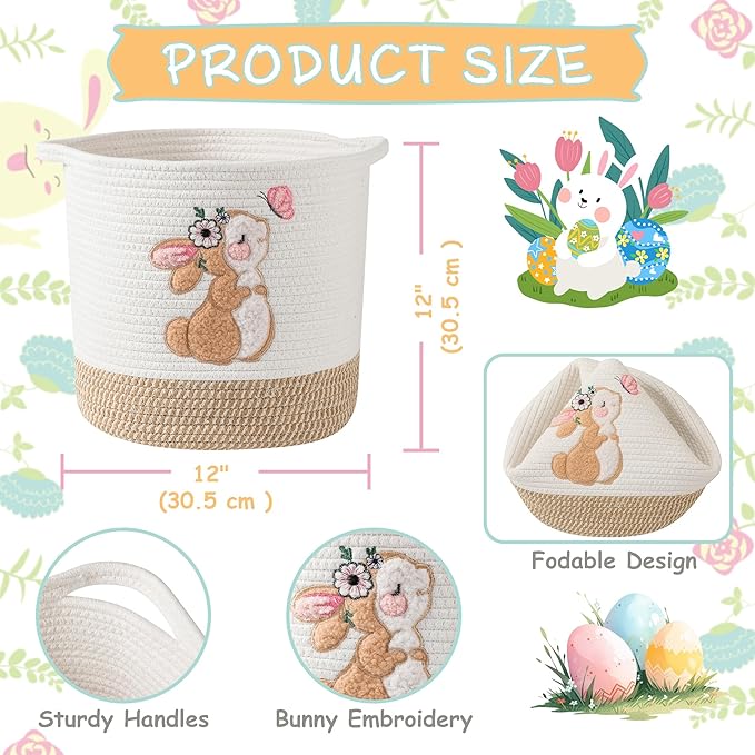 INough Easter Basket for Kids, Small Easter Basket for Toddler Spring Gift Basket Bunny Baskets, Toy Storage Baskets Woven Cotton Rope Storage Bins Toys Organizer Clothes Hamper (Medium, Bunny)