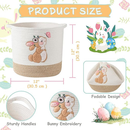 INough Easter Basket for Kids, Small Easter Basket for Toddler Spring Gift Basket Bunny Baskets, Toy Storage Baskets Woven Cotton Rope Storage Bins Toys Organizer Clothes Hamper (Medium, Bunny)