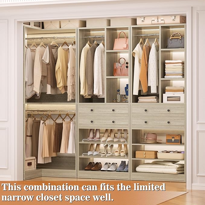 Closet System with 4 Drawers and Hanging Rods, 59.5"L / 87"L Closet Organizer System with Corner Tower, L Shaped Walk-in Closet System, Corner Closet System with Shelves, Set of 3, Greige Oak