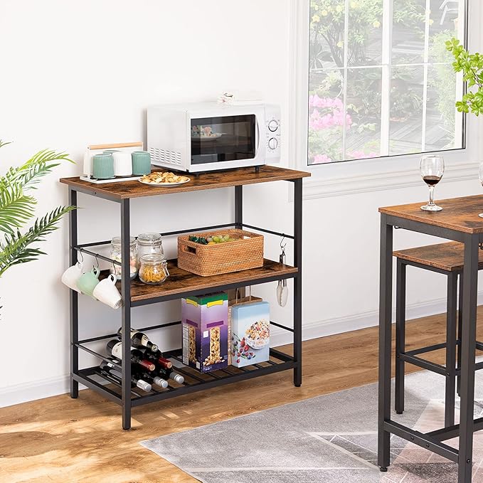 HOOBRO Kitchen Island with Wine Rack, Industrial Island Counter with Hooks and Protective Rails, 3 Tier Kitchen Shelf with Large Workstation, Easy Assembly, Rustic Brown BF02ZD01