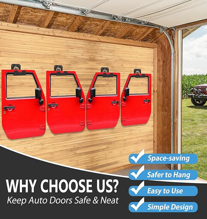 WIPHANY 4 Pcs Removable Door Storage Hanger with Rubber Wall Mount Heavy Duty Door Hanger Storage Holder Bracket Rack For1956-2020 Wrangler CJ YJ TJ LJ JK JKU JL JLU & 2021 Gladiator JT On Garage Pack