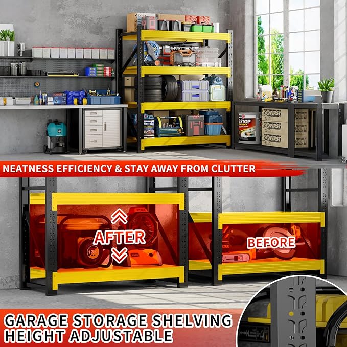 48" W Garage Storage Shelves, 3000LBS Garage Shelving Heavy Duty Adjustable Shelving Unit, 4 Tier Metal Utitly Shelves Industrial Shelving for Warehouses,Basement,Black Yellow