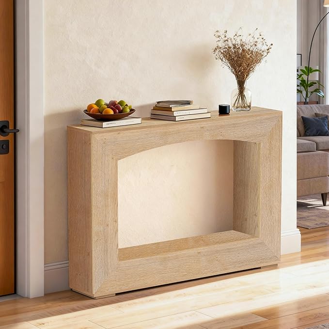 46 Inch Entryway Table U-Shaped, Wooden Console Table with Socket Farmhouse Sofa Table for Entrance, Hallway, Living Room,Behind Couch((Oak Brown)