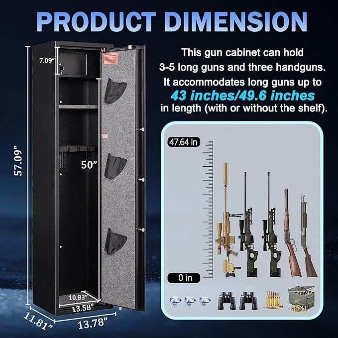 Marcree Gun Cabinet for Rifles and Shotguns, Digital Rifle Gun Safe with Inner Safe Box, Rifle Safes for Home with Dual Alarm System&Removable Shelf, Handgun Bags, LED Light&Magnetic LED Light