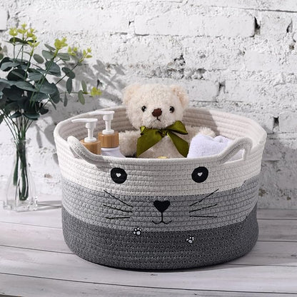 Zopeal Cat Basket Storage Woven Organizer with Ears Easter Decorative Gift Pet Toy Cute Cotton Rope Basket for Gift Cat Dog Toy Bin Nursery Room(13.7 x 7.8 Inch,White, Light Gray, Dark Gray)