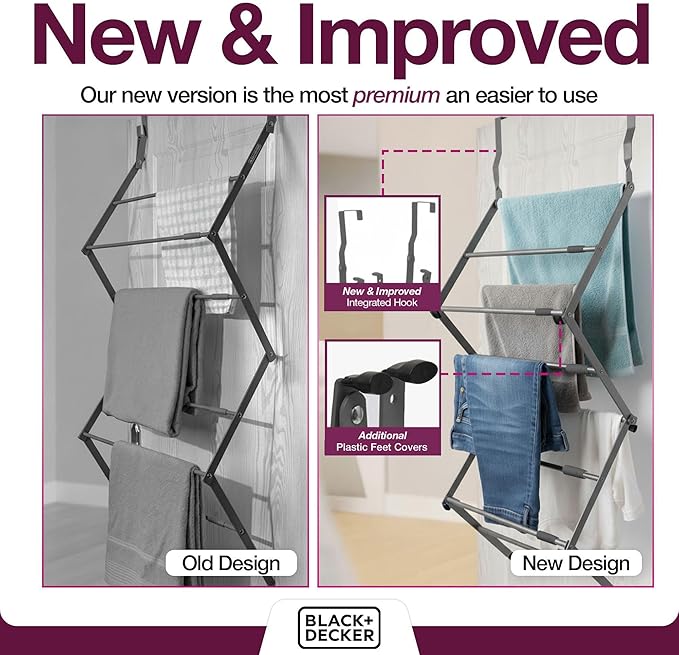 BLACK+DECKER Over The Door Expandable Telescopic Drying Rack, Clothes Organizer, Towel Hanger, Laundry, Collapsible, Gray