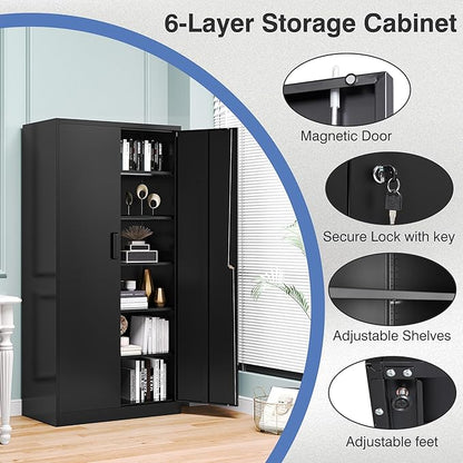 Metal Storage Cabinet with Lock,72" Tall Storage Cabinet with Doors and Adjustable Shelves,Steel Locking Cabinets for Garage,Home Office,Pantry,School,Hospital(Black)