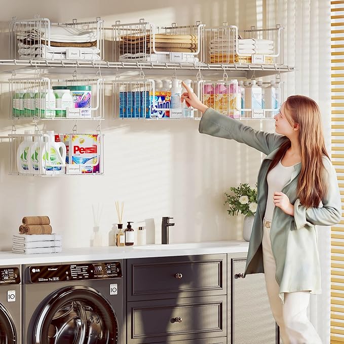 3-Pack Hanging Laundry Organizer, Stackable Wire Shelf Storage with Label Cards, Foldable Metal Baskets with 360 Rotating Hooks, Space-Saving for Laundry Room, Closet & Pantry, 11"15" Large, White