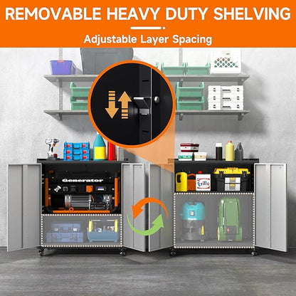 Metal Garage Storage Cabinet with Locking Doors and Adjustable Shelves,34.3" H Small Rolling Tool Storage Cabinet,Lockable Metal Tool Cabinet on Wheels for Garage, Warehouse, Barbershop-Black Gray