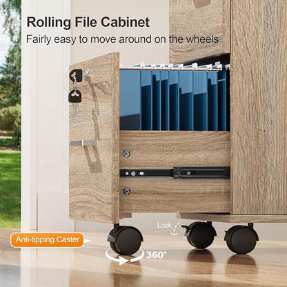 VINGLI 3-Drawer File Cabinet with Lock, Wood Rolling Filing Cabinets for Home Office, Mobile Printer Stand, Under Desk File Organizer for Letter Sized Files, 26" H(Caster Included), Oak