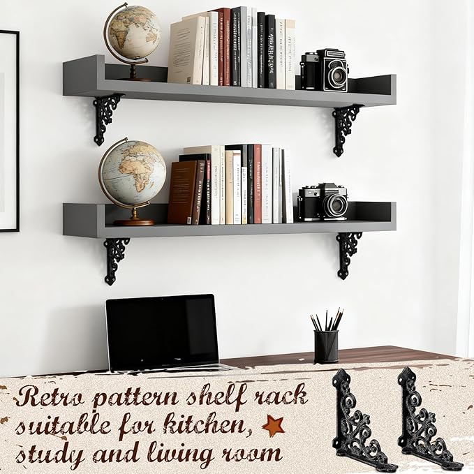 Blulu 4 Pack Antique Style Cast Iron Shelf Brackets Decorative Brackets 3 7/8" x 3 7/8" Wall Mount Shelving Bracket Heavy Duty Victorian Style Shelf(Black)