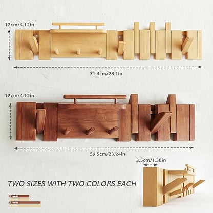 Mid Century Modern Walnut Foldable Entryway Wall Coat Hanger Hook with Shelf,Heavy Duty Wooden Piano Hidden Towel Hooks for Bathroom,Wall Rack for Purse&Key&Mail,Home Decor (Natural, 9 Hooks)