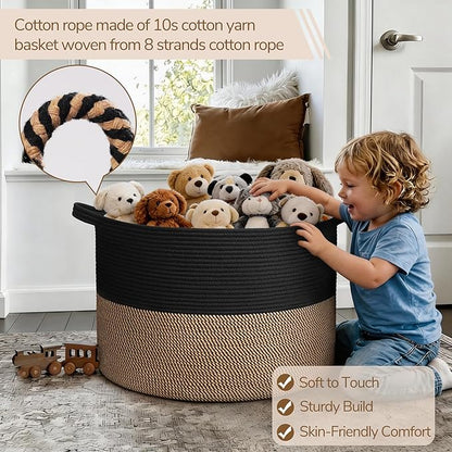 INDRESSME 115L Extra Large Storage Baskets for Organizing, Blanket Basket Living Room Dog Toy Bin, Wicker Storage Woven Laundry Basket for Pillows, Towel Shoes Entryway, Mix Black