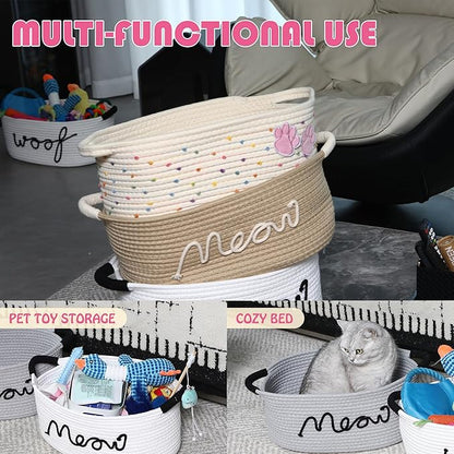 Sea Team Pet Toy Storage Basket with Handles, 16.5 x 11 x 7 Inches, 4.4 Gallons Large Cotton Rope Storage Bin, Shelf Basket, Organizer for Cat, Dog Chew Toys, Foods, Rainbow & Pink Paws