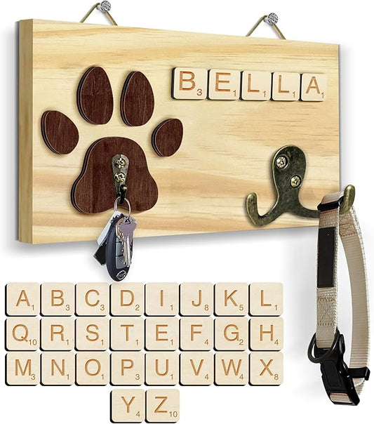 Dog Leash Holder Wall Mount, Pet Harness Hanger with Scrabble Letters, Dog Collar Organizer for Entryway, Cat Leash Key Holder for Wall, Pet Memorial Loss Gifts, Keepsake, Home Decor PF218-N