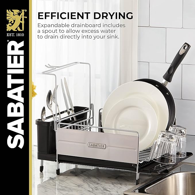 Sabatier Expandable Stainless Steel Dish Rack with Rust-Resistant Soft Coated Wires and Bi-Directional Spout, with Utensil Caddy and Removable Stemware Holder