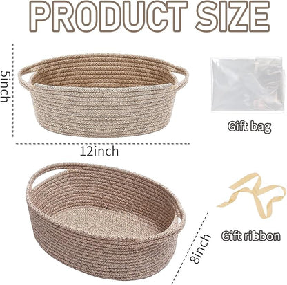 Woven Basket,Small Rope Storage Bin with Handles & Ribbon Bag, Organizer for Shelves Closets,Gift Basket Empty for Birthday,Books,Dog Toys,Oatmeal/2 Pack